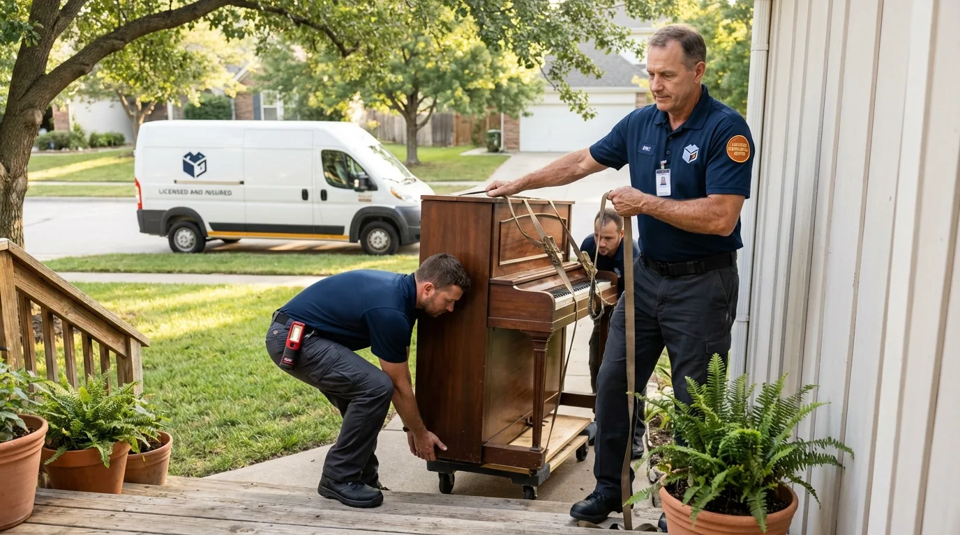 Licensed piano movers securing grand piano in Jupiter, FL