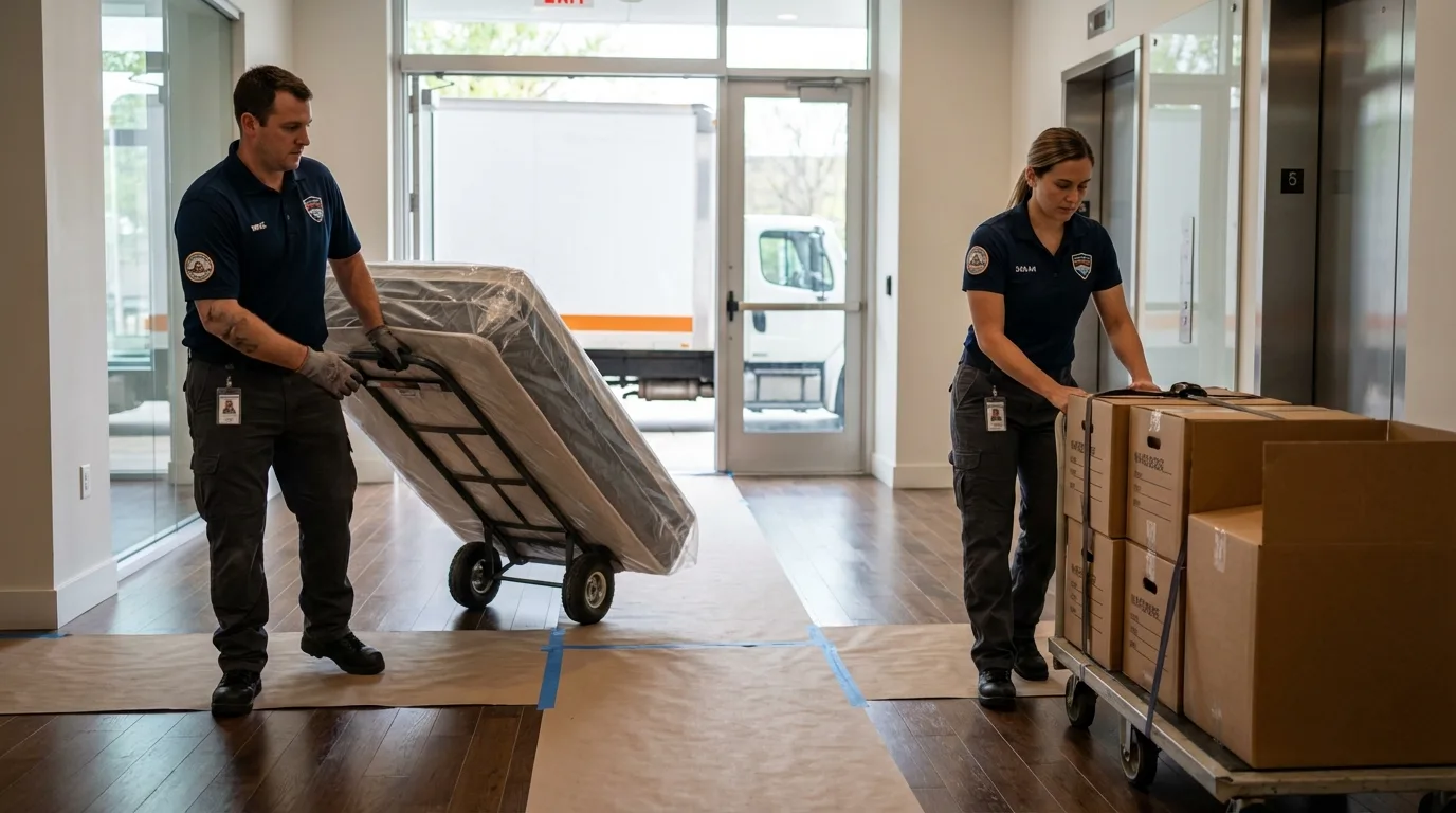 Professional apartment movers loading elevator in Jupiter, FL