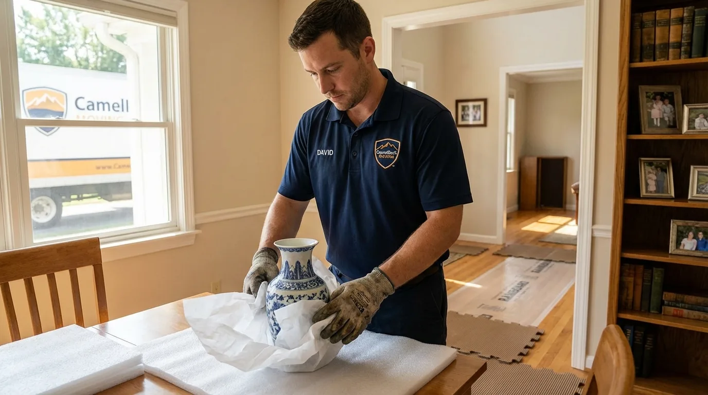 Professional crew carefully wrapping antique vase for senior downsizing move in Jupiter, FL
